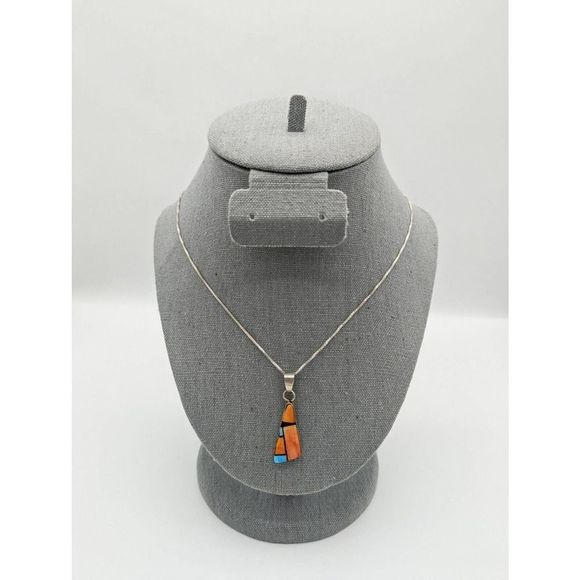 Navajo Necklace Pendent 925 Sterling Silver Spiny Oyster & Turquoise Singed - Picture 5 of 7